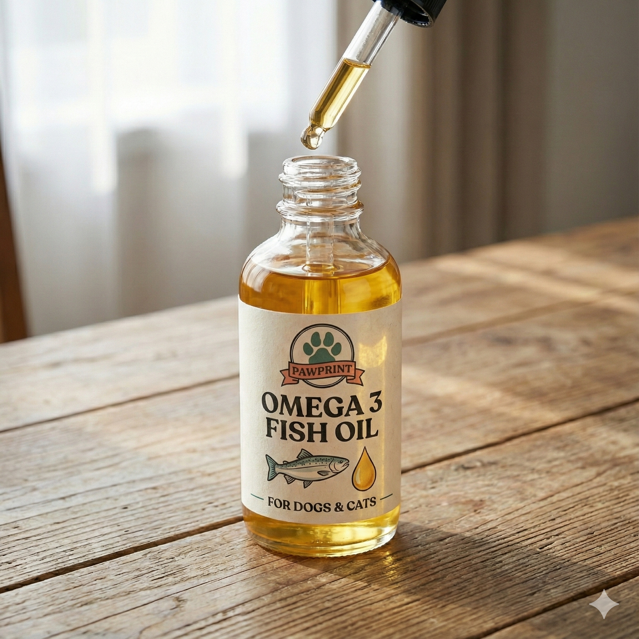 Bottle of Omega 3 Fish Oil for dogs and cats with a dropper on a wooden surface.